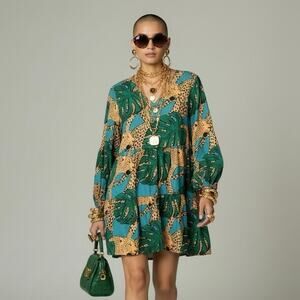Vibrant Artsy Enmain Leopard Print & Tropical Leaf Teal Tiered  tunic dress M